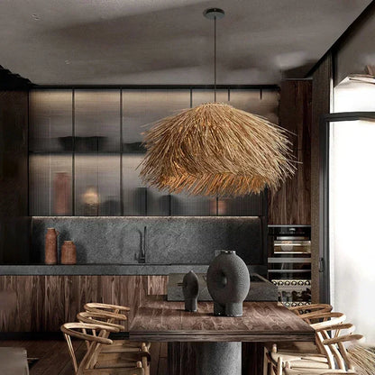 Lámpara Colgante de Ratán Luz LED – Estilo Japonés Wabi-Sabi para Restaurantes, Bares y Decoración del Hogar