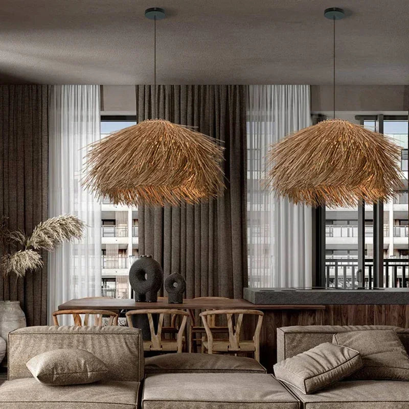 Lámpara Colgante de Ratán Luz LED – Estilo Japonés Wabi-Sabi para Restaurantes, Bares y Decoración del Hogar
