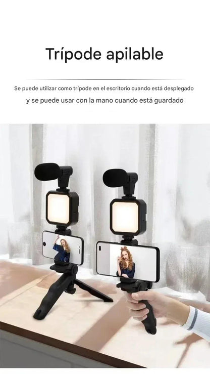 Kit para teléfono inteligente con trípode, soporte para teléfono, Mini micrófono, luz de relleno LED, arrancador para TikTok, transmisión en vivo, vídeo, YouTube